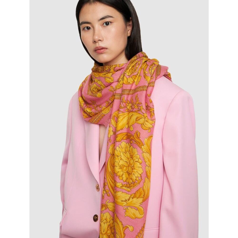 Versace Barocco Pink Gold Cashmere Silk Wool Fringe Shawl Scarf 55" NWT $750